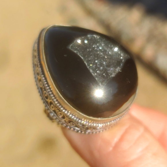 New Oversized Black Agate Druzy 925 Silver Ring. - Picture 10 of 16